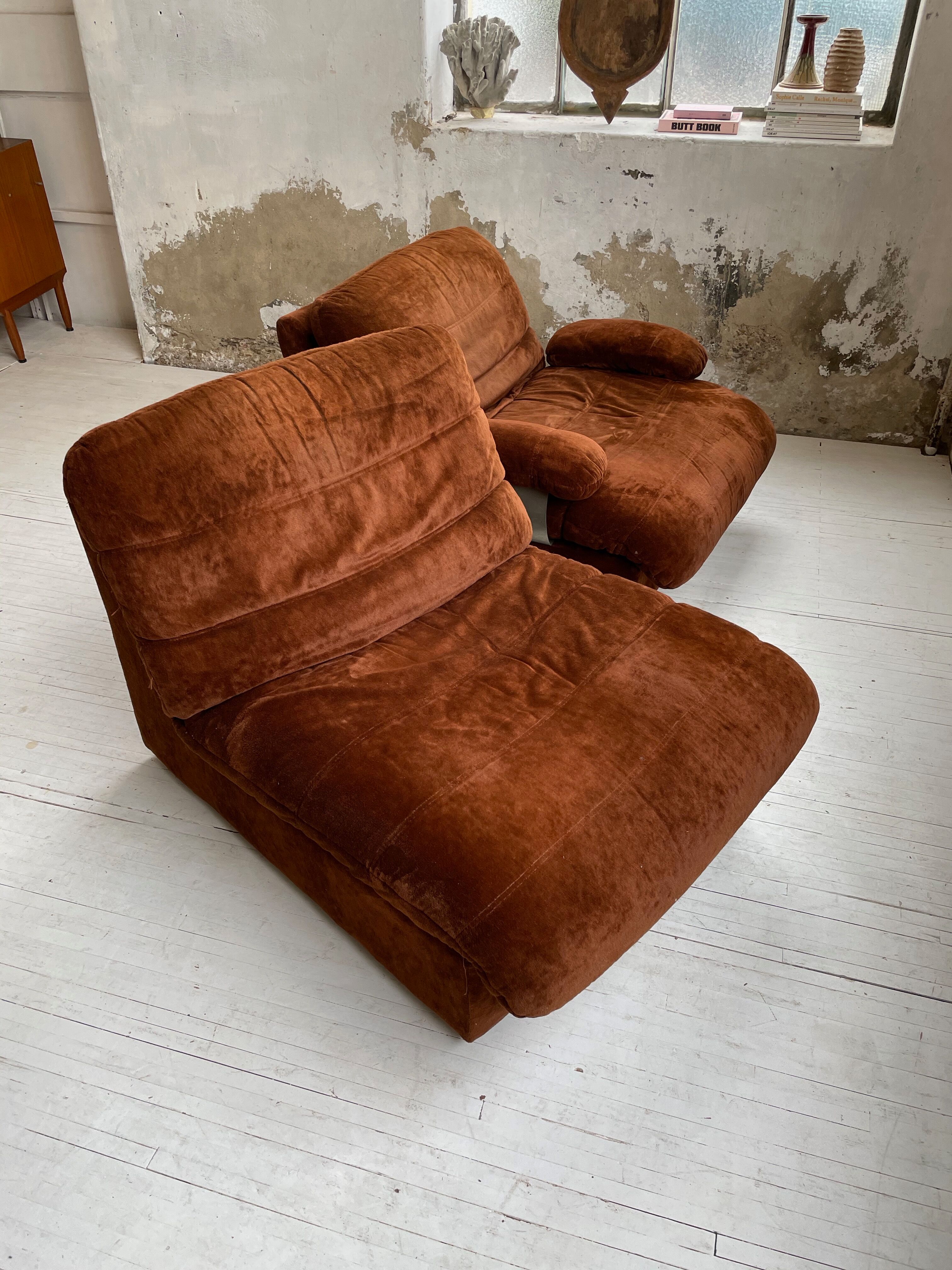 Pair 70s brown velvet armchairs