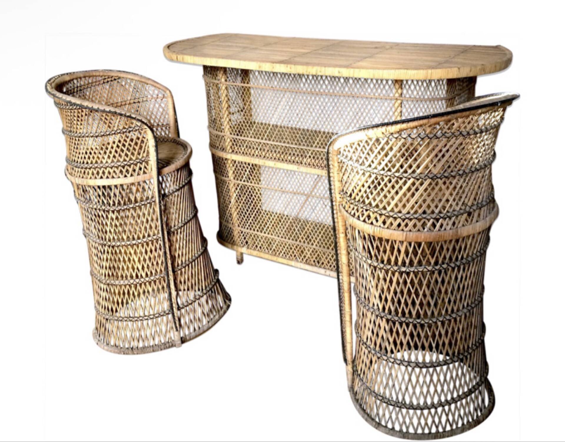 Vintage rattan and wicker bar with 2 stools – 1960s/70s
