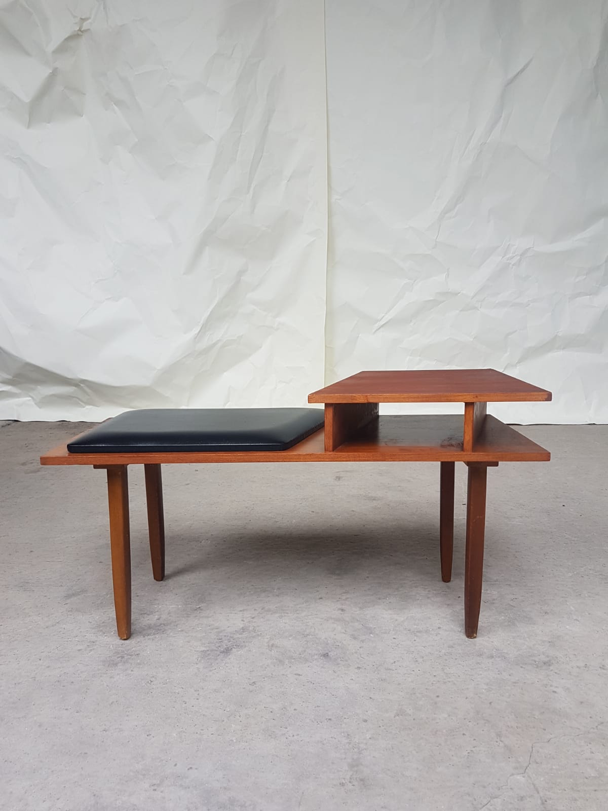 Vtg Mid Century Teak Vinyl Hallway Telephone Chair Table Bench Stool Danish 70s