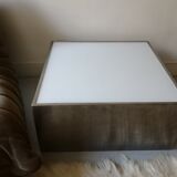 Square block coffee table white glass and metal, cube design 1970