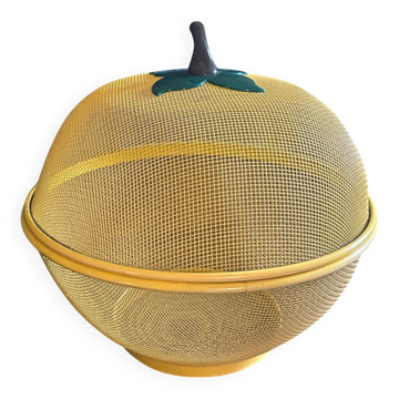 Corbeille à fruits vintage en métal grillagé forme citron jaune 70s