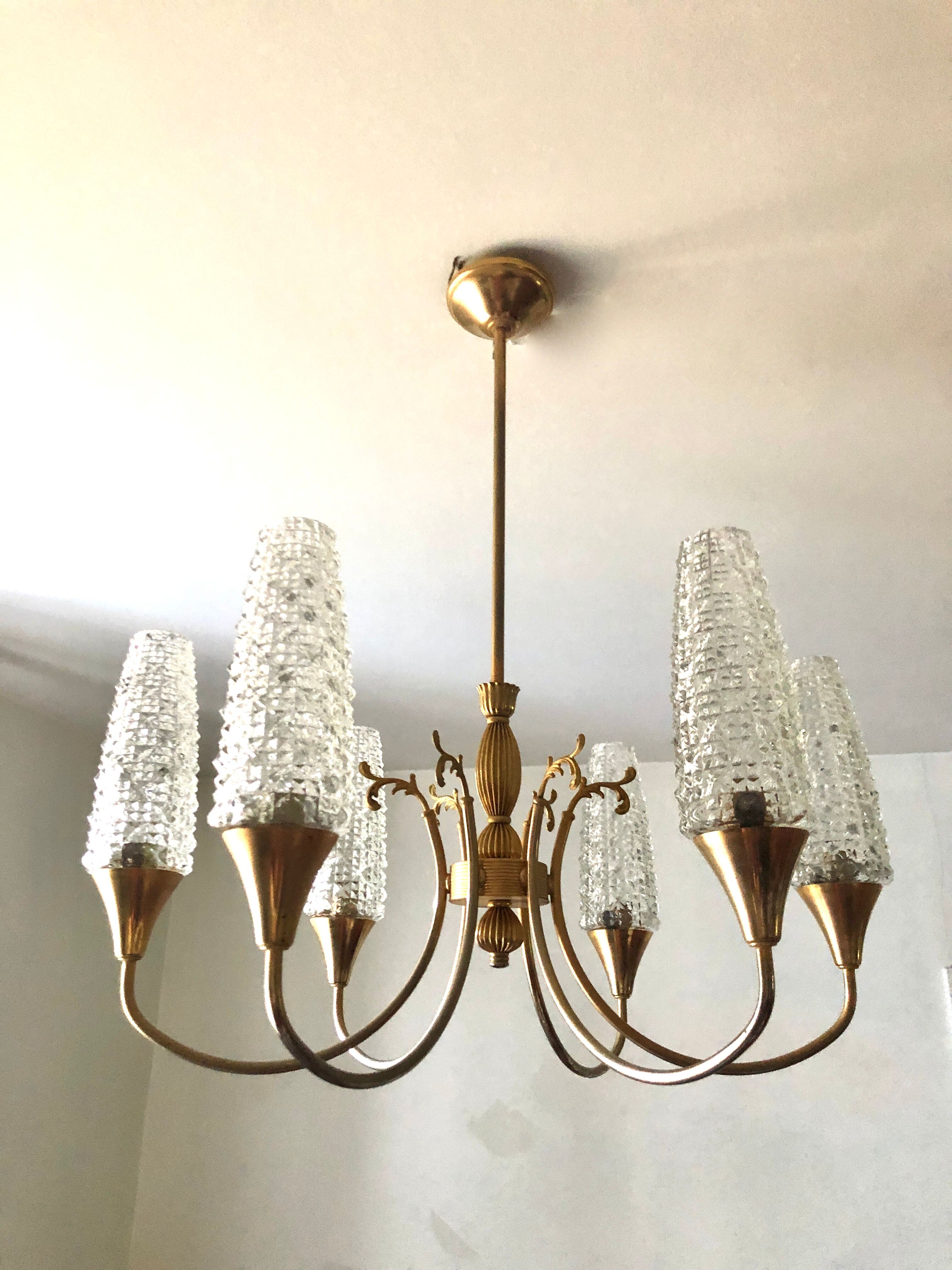 Lustre doré néoclassique 6 tulipes 1960