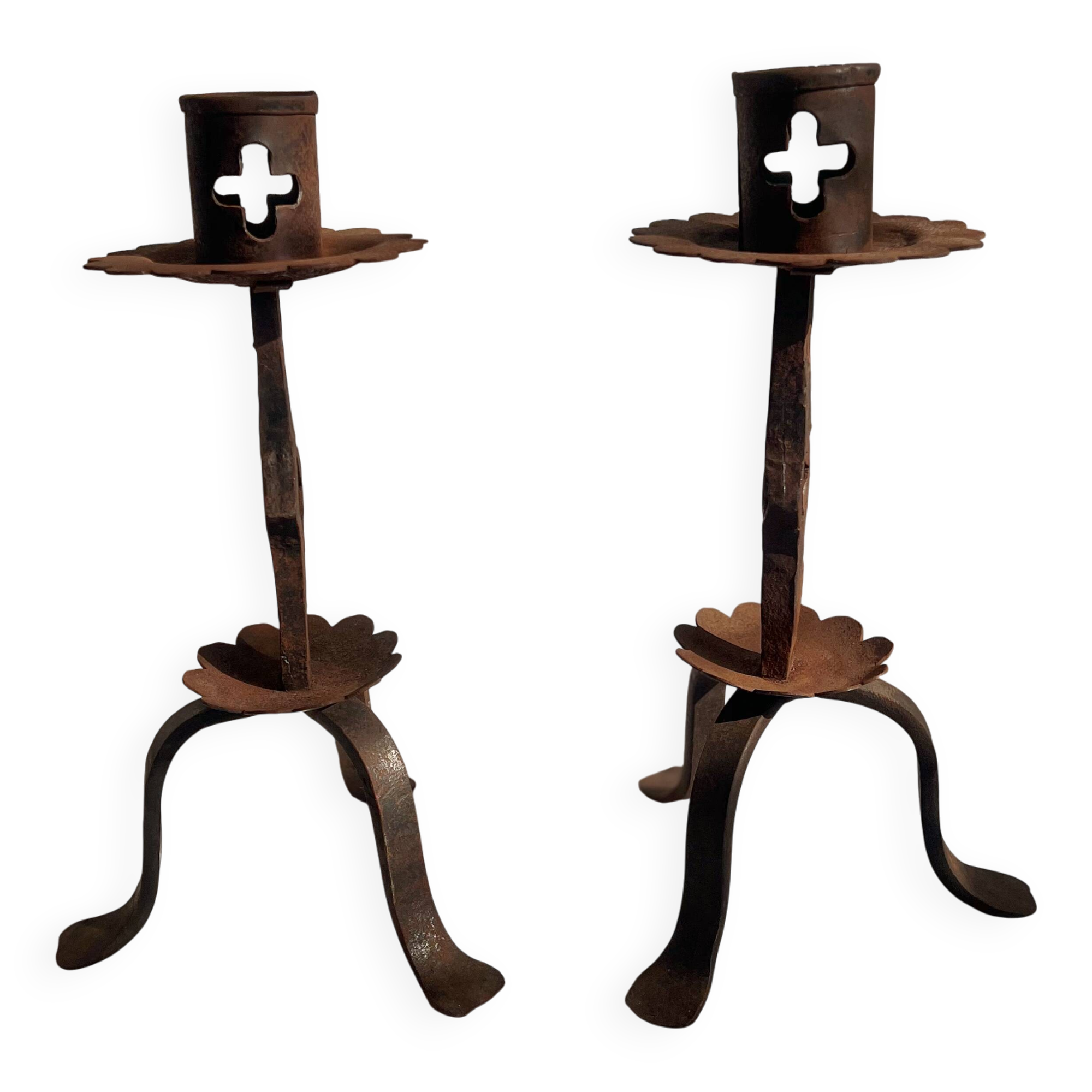 Pair of Antique French Wrought Iron Candlesticks