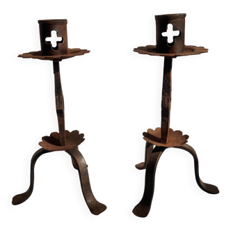 Pair of Antique French Wrought Iron Candlesticks