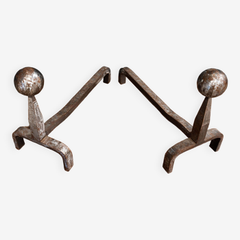 Pair of 1930 modernist chenets decorated with a ball