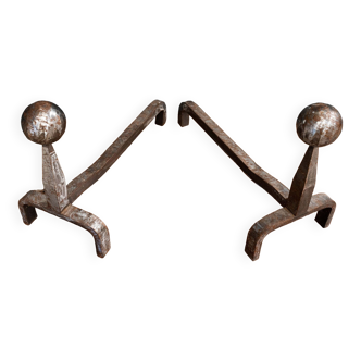 Pair of 1930 modernist chenets decorated with a ball