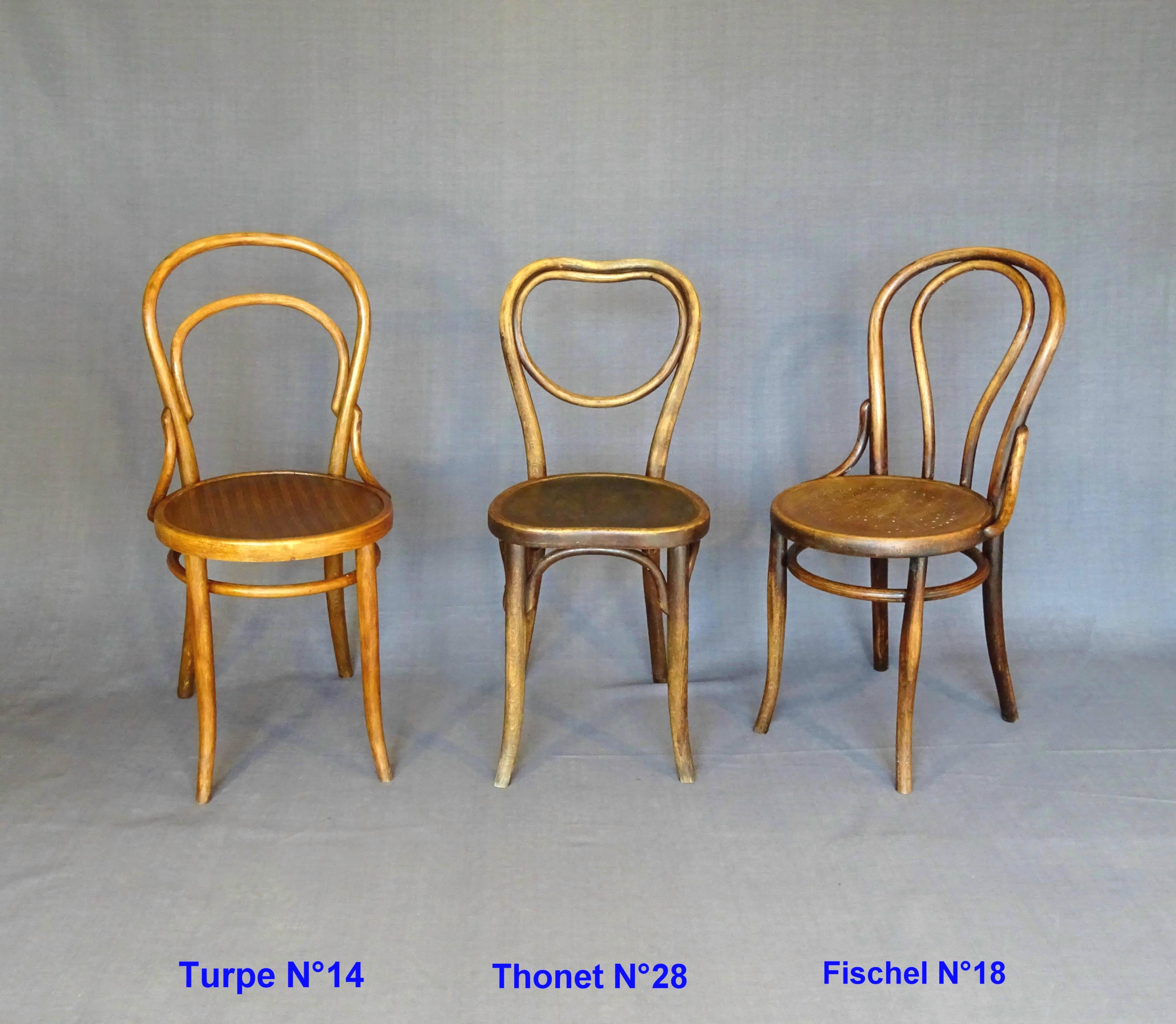 Set of 3 Bistro chairs with wooden seats, 1910 to 1920