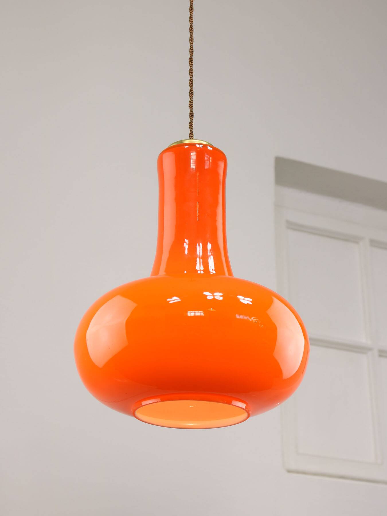 Mid-Century Italian Orange Glass and Brass Pendant Lamp