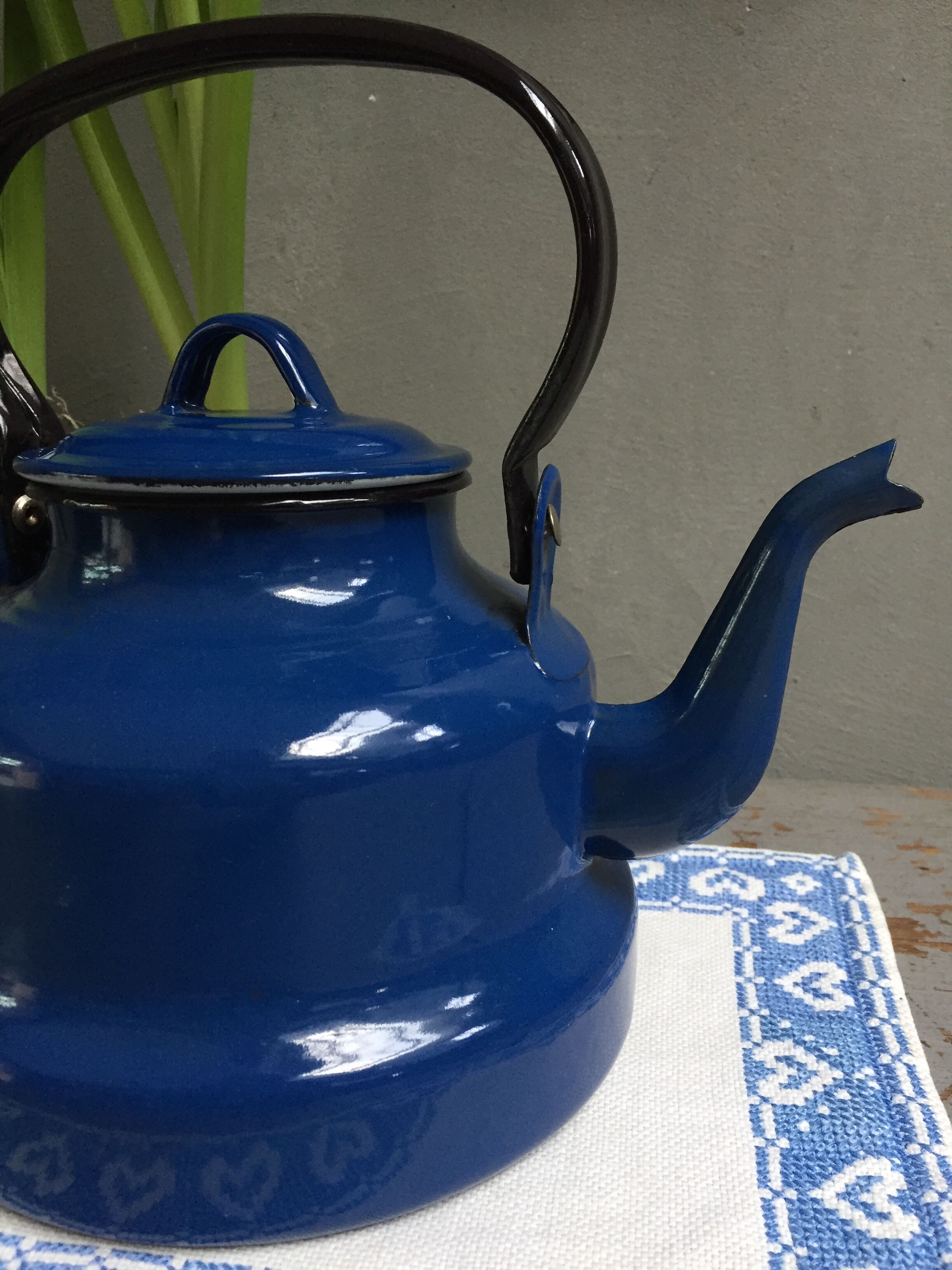 Vintage blue enamelled kettle