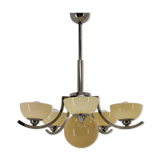 Art Deco 6-flamming Nickel-plated Chandelier, 1930s, Restored