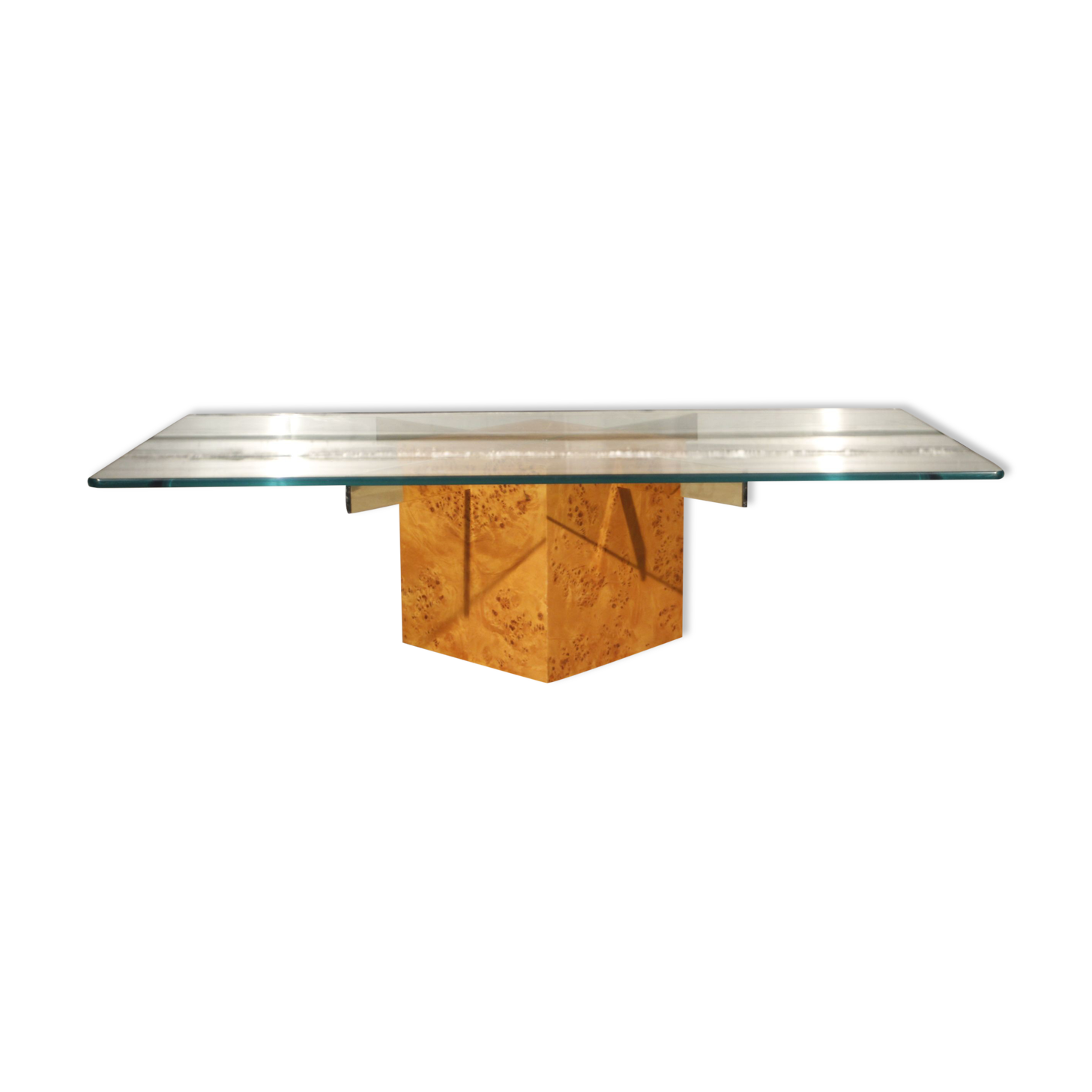 Table basse en loupe d'orme et verre trempé par Jean Claude Mahey pour roche bobois années 70