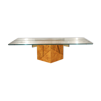 Table Bass in elm magnifying glass and Tempered glass by Jean Claude Mahey for Roche Bobois, 70s