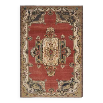 Tapis d'aire vintage turc fait main en laine rouge surdimensionné 210x318 des années 1970