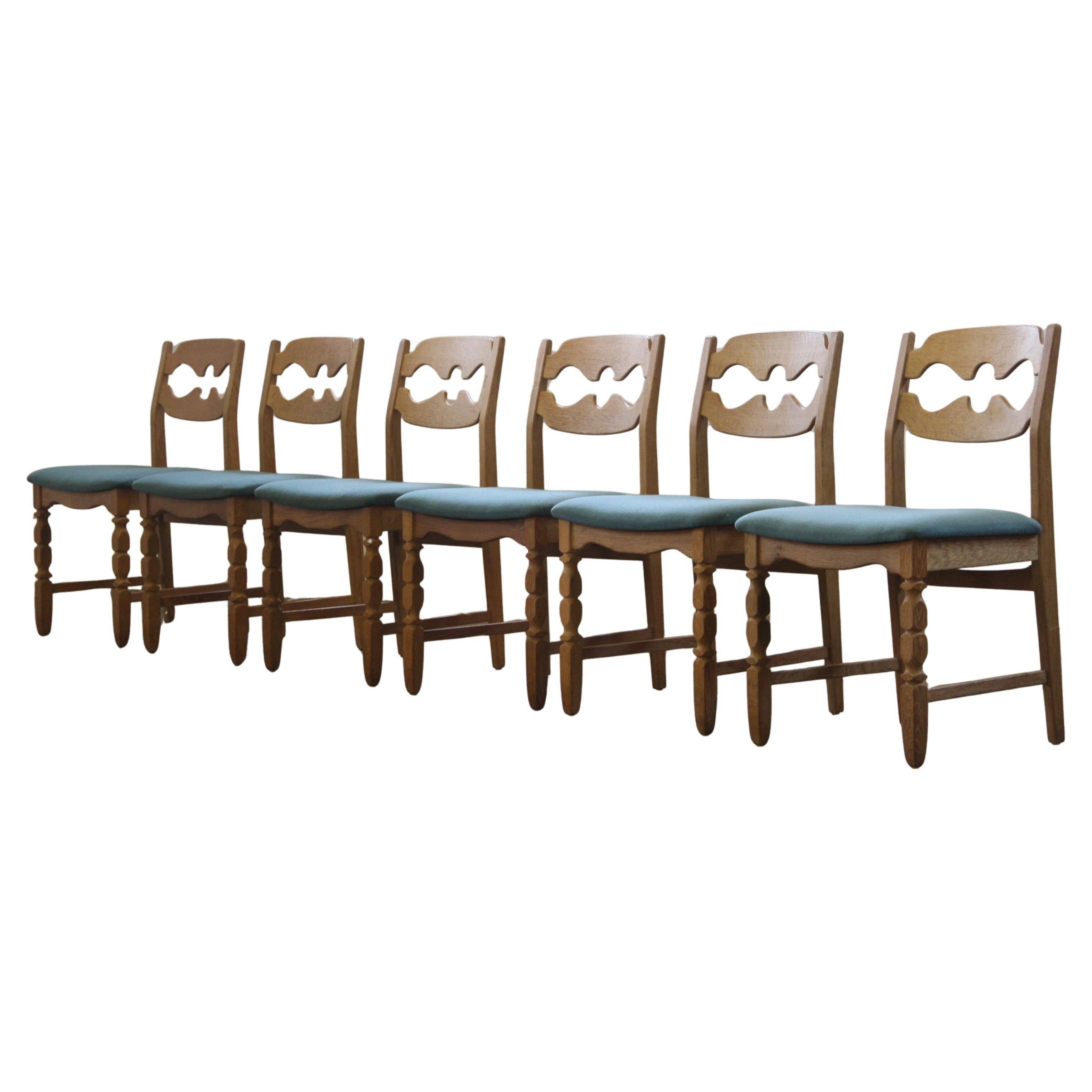 1960s Danish brutalist oak Razorblade dining chairs attributed to Henning Kjærnulf