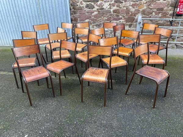 20 chaises d'école vintage en métal et bois design Mid-century vintage 1960 french Mullca