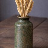 Wabi-sabi artisanal stoneware vase in green and earth tones.