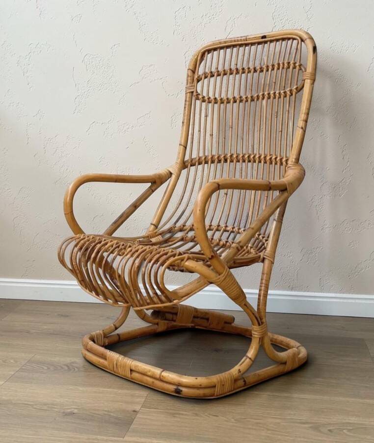 Vintage bamboo rattan armchair Tito Agnoli circa 1960