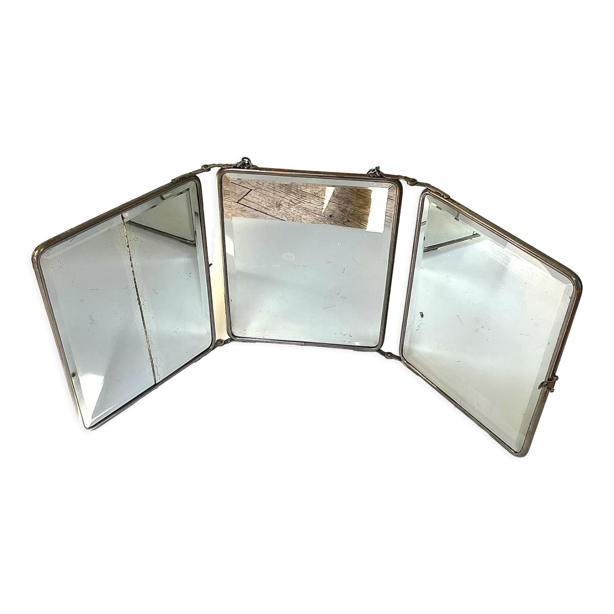 Barber's triptych mirror, beveled ice, vintage 1950