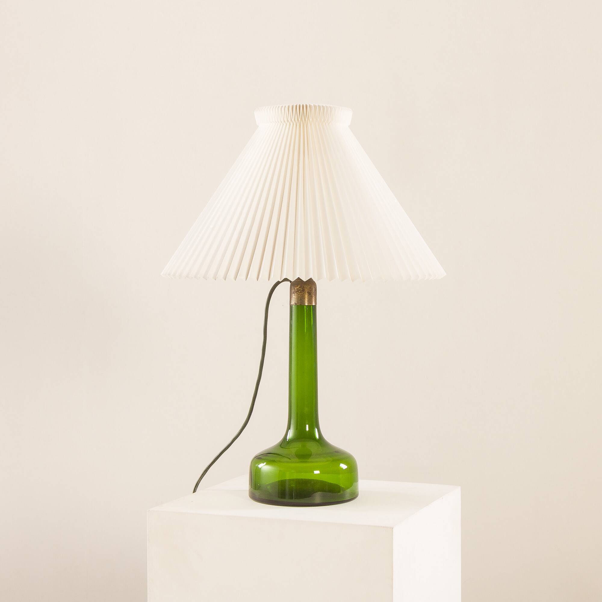 Holmegaard XL deep green lamp with Le Klint shade, 1960s