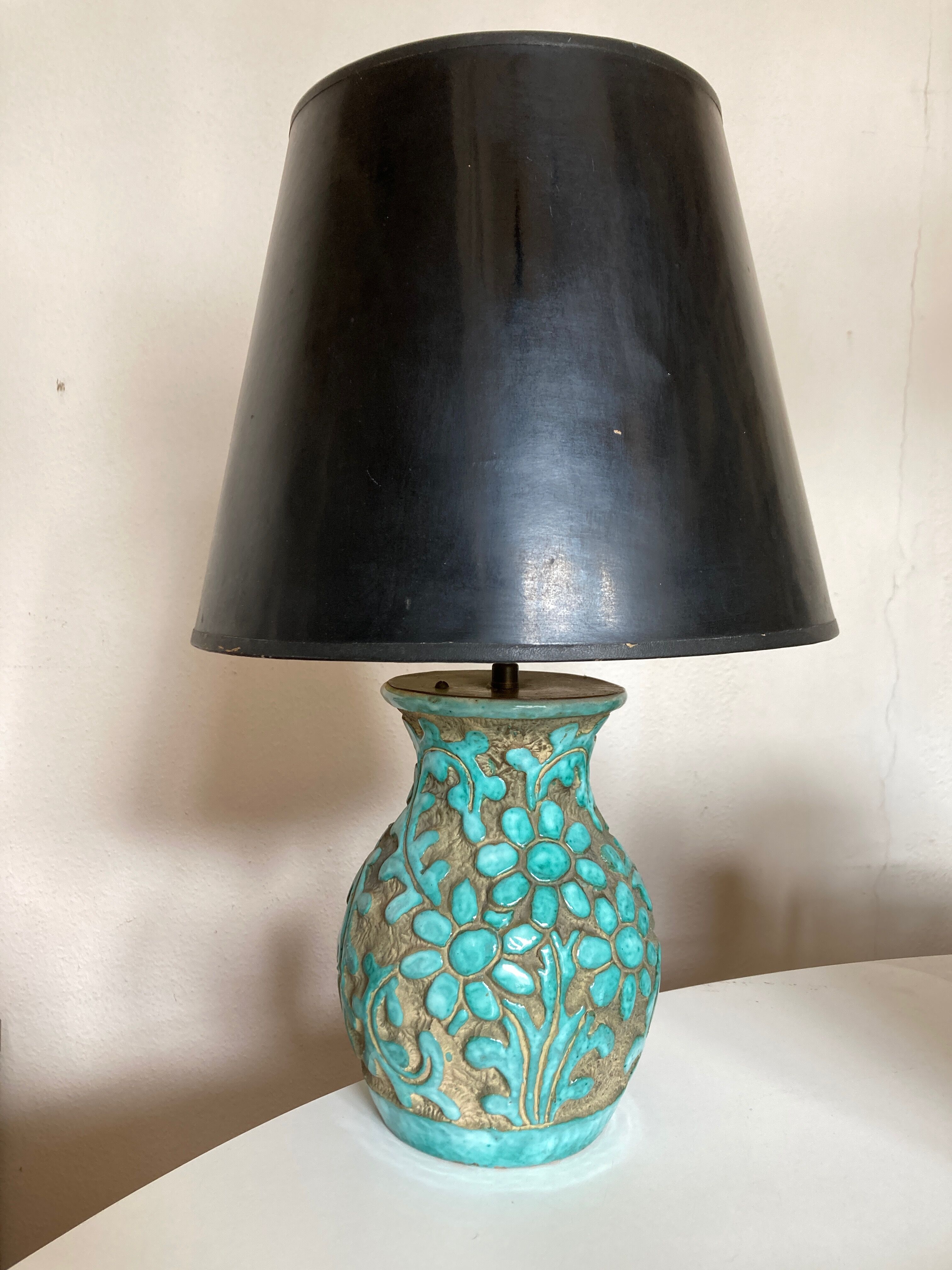 Italian glazed ceramic lamp 1960 mid century Bitossi turquoise