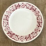 Round serving dish with burgundy red floral pattern