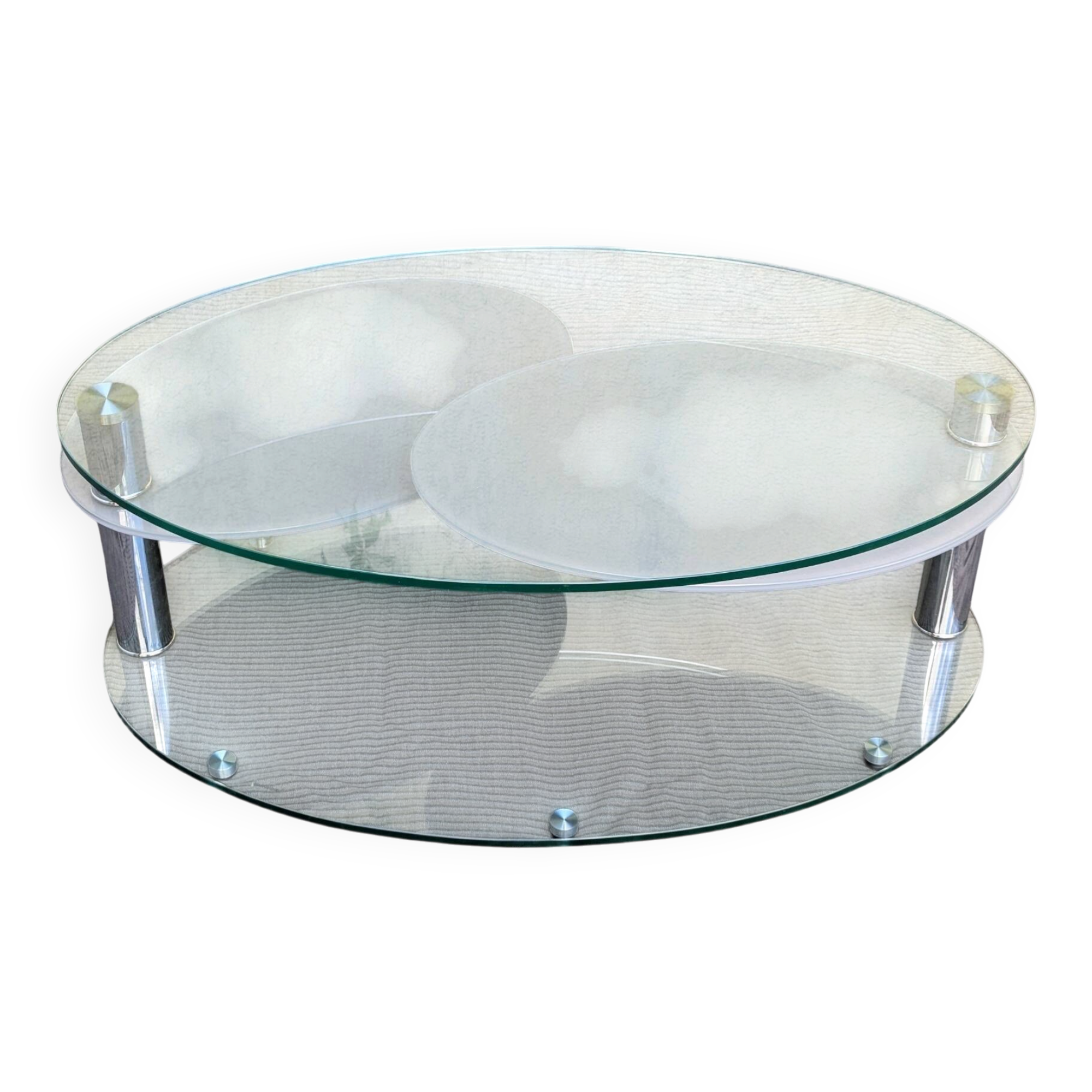Coffee table with rotating glass tops by Antoine Motard.