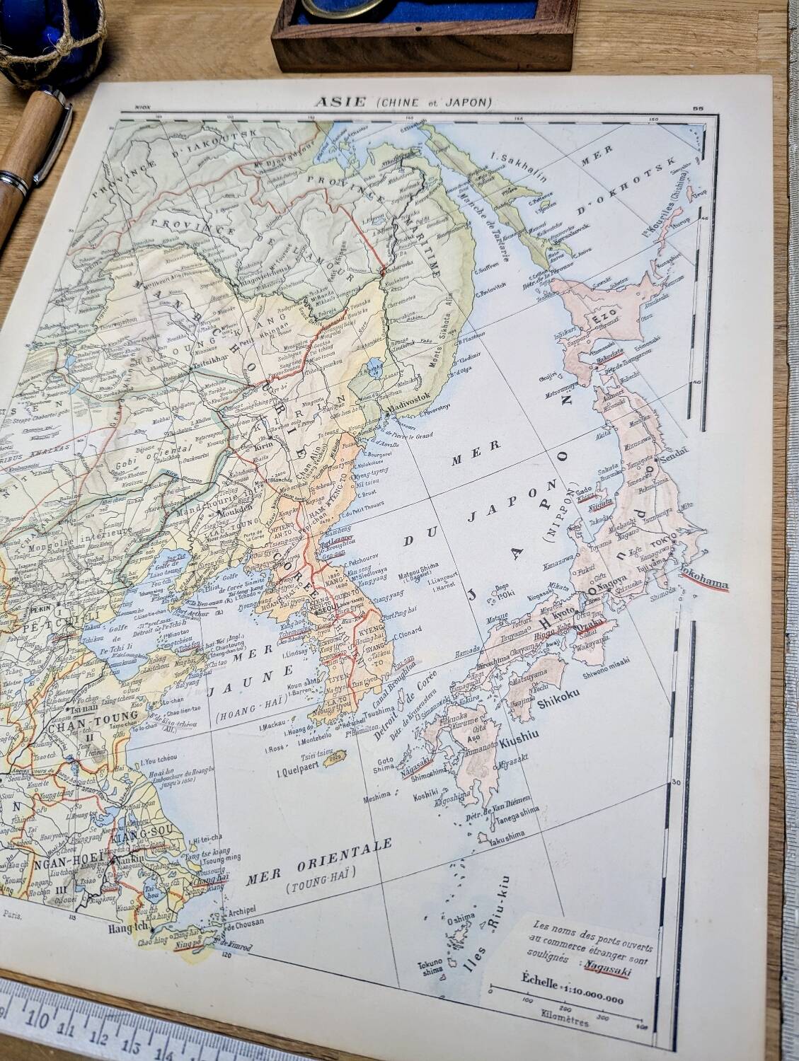 Planche géographique imprimée en 1900 l'Asie, Chine et Japon