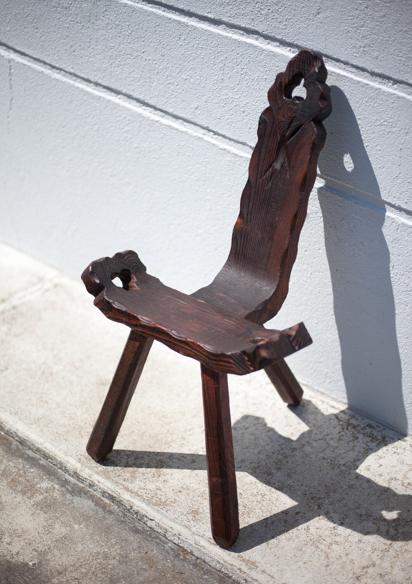 Brutalist wooden chair, tripod chair, Spanish chair