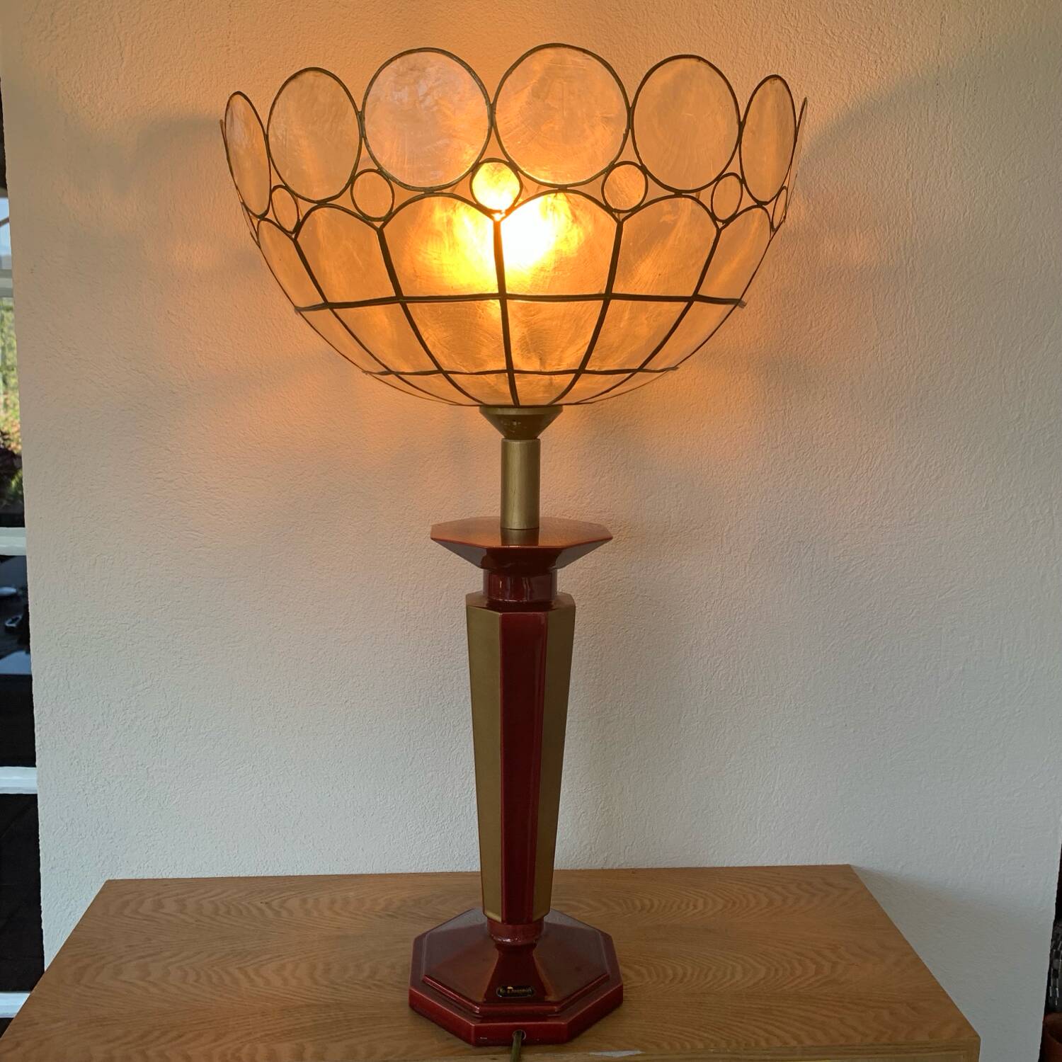 ▪️Vintage Lamp Le Dauphin Ceramic Bordeaux and Gold and Mother-of-pearl Lampshade Art Deco