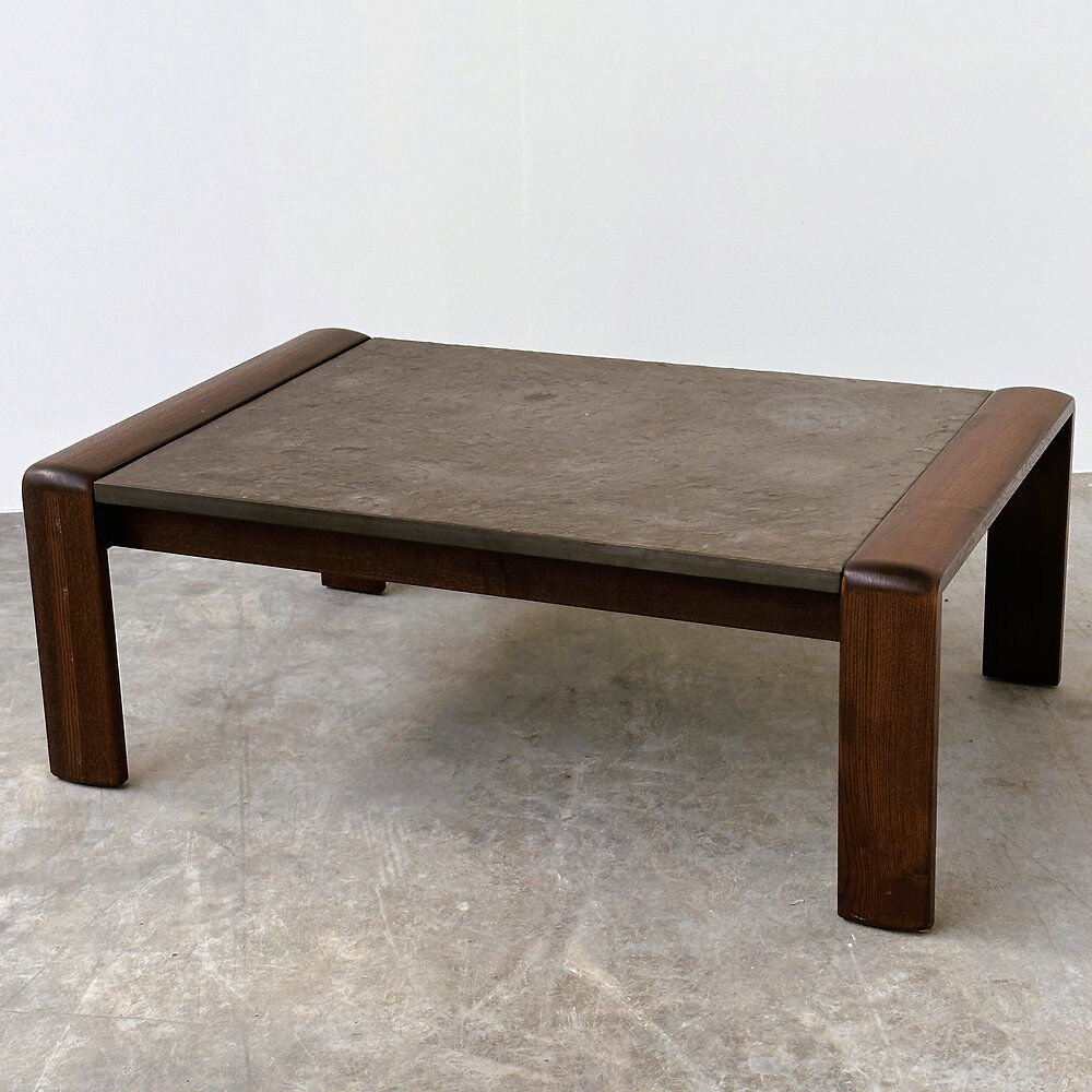 Vintage Belgian oak & fossil slate coffee table, brutalist modern, 1970s
