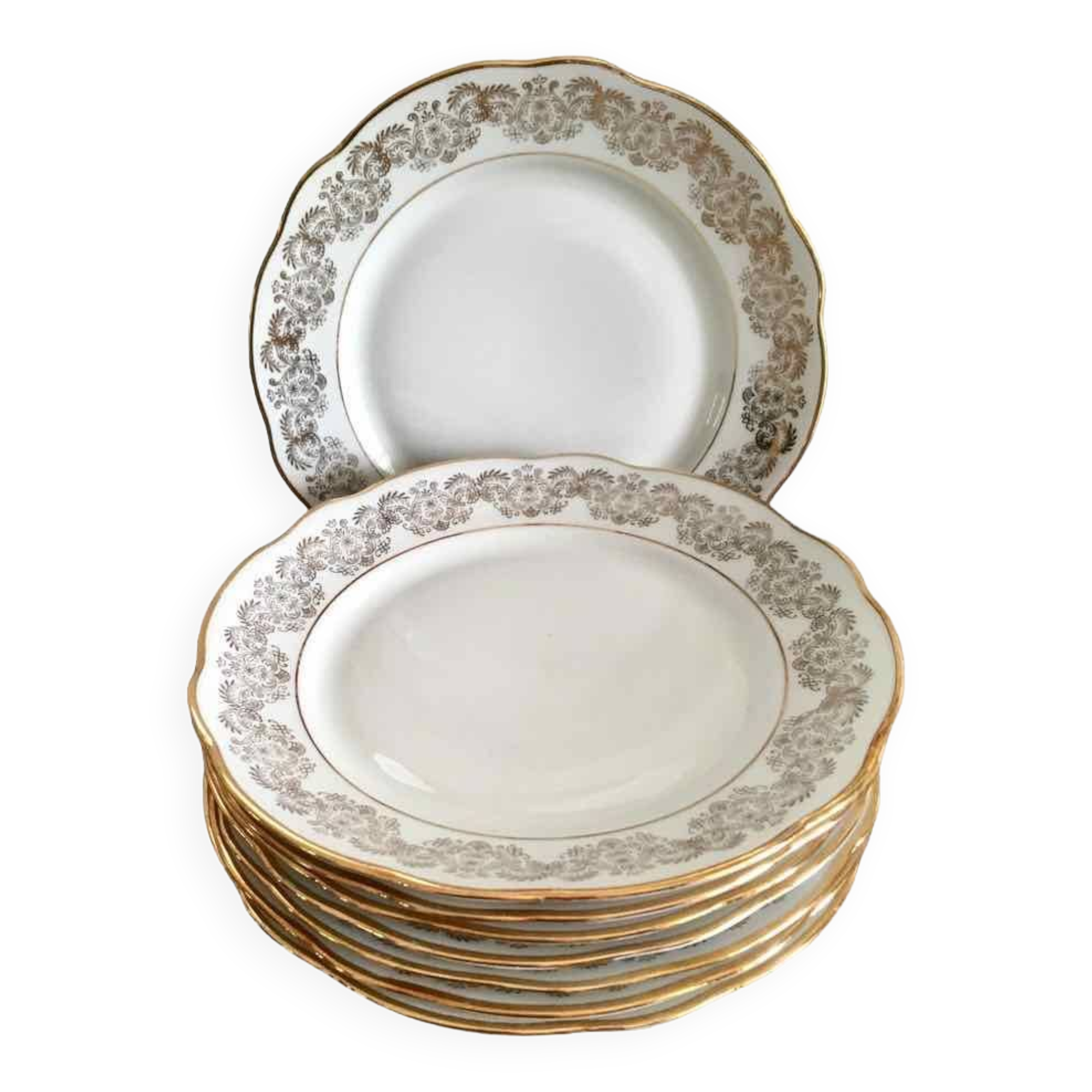 8 white and gold porcelain dessert plates