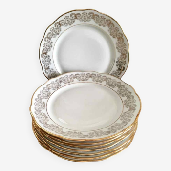 8 white and gold porcelain dessert plates