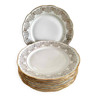 8 white and gold porcelain dessert plates