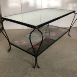 Table basse en fer forgé plateau miroir et verre Vintage