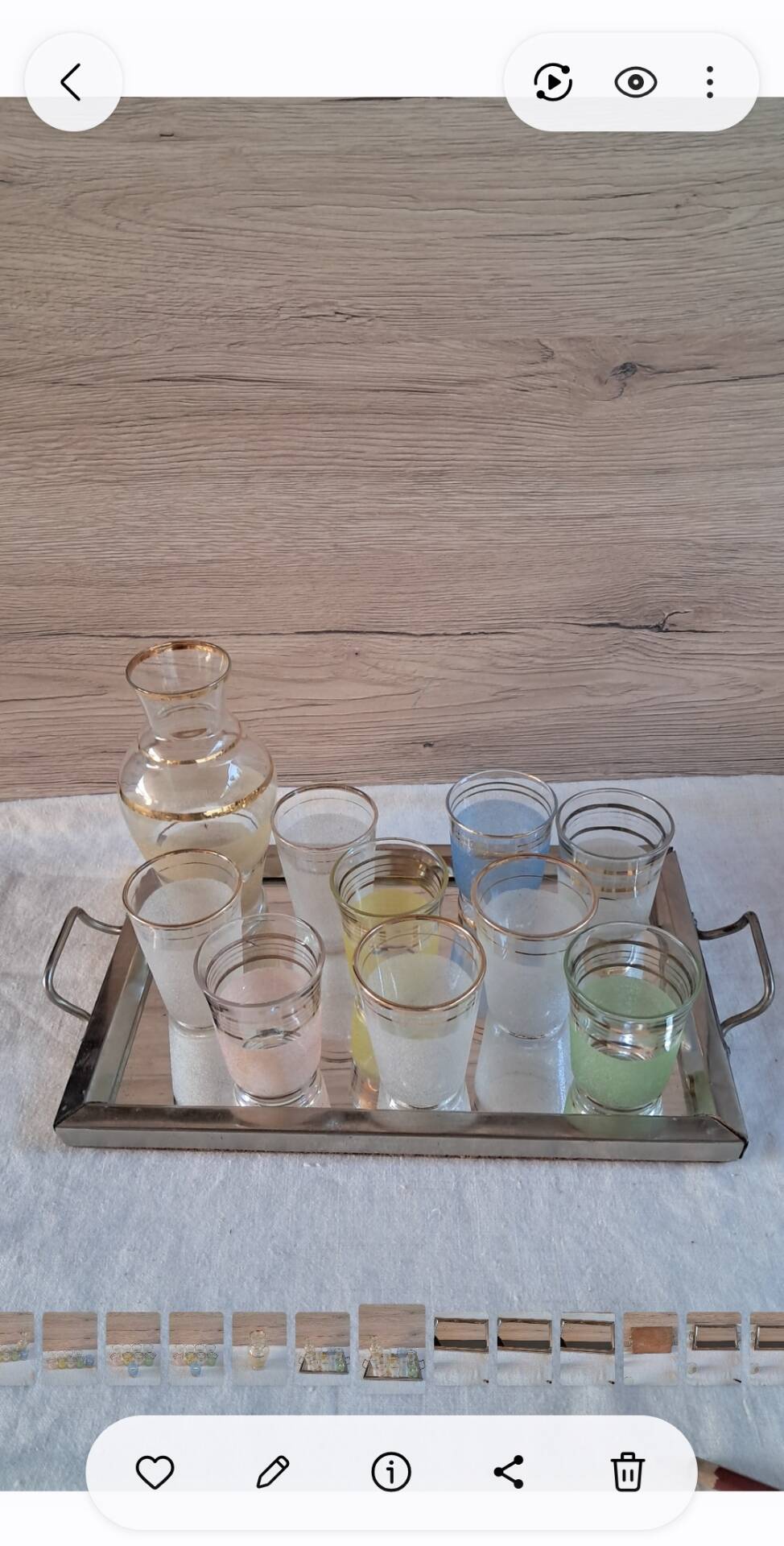 Vintage liqueur service from the 50s/60s — Decanter, 9 pastel glasses & tray