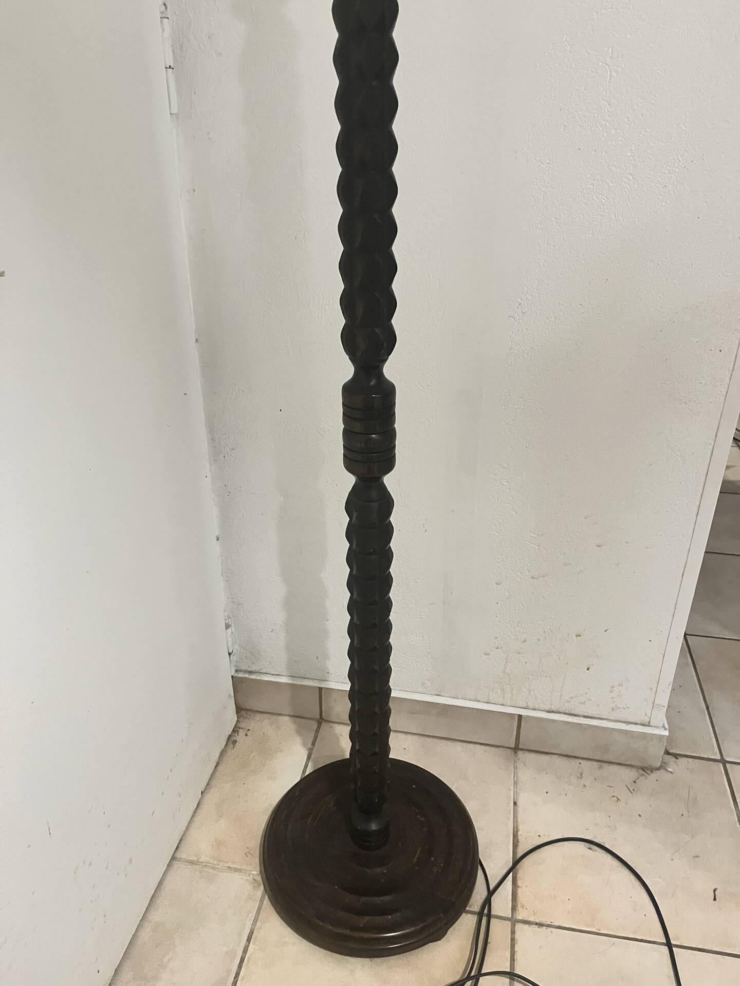 Vintage turned carved wooden floor lamp — Brutalist / Rustic style