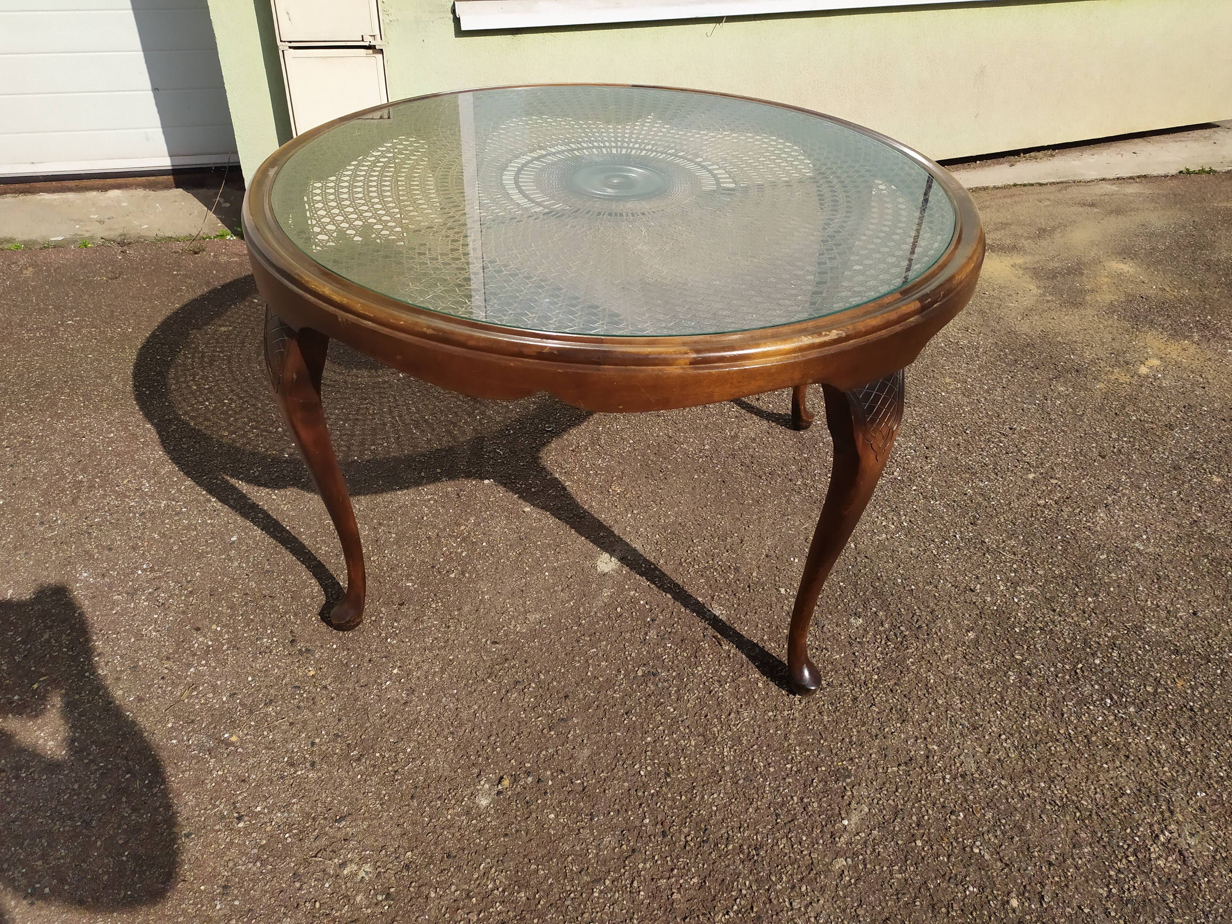 Chippendale Coffee Table in Wood, Canework and Glass - Round
