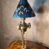 bronze lamp with a goat's head from the 19th century and a stained glass lampshade soldered with lead