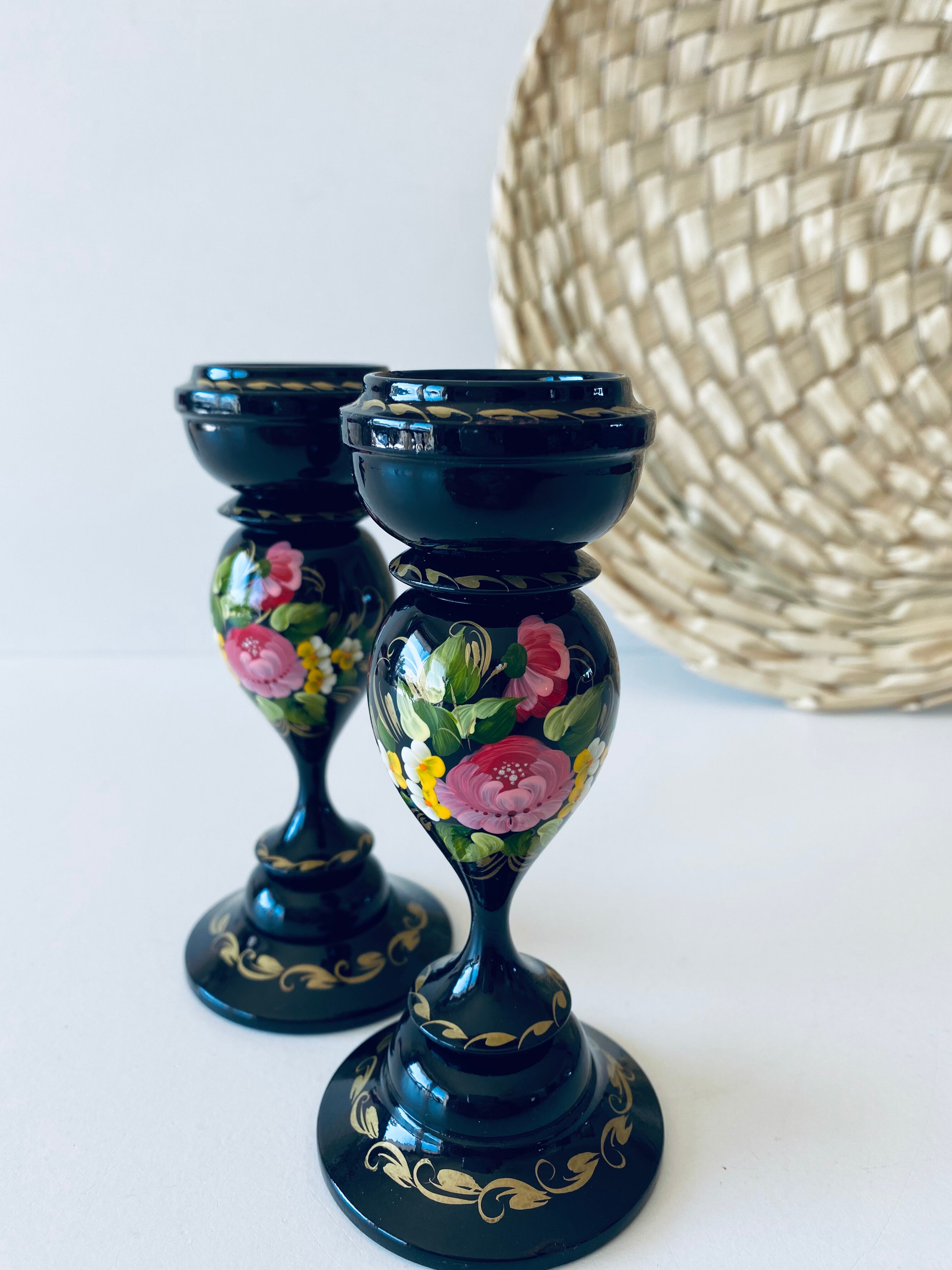 Pair of wooden Ukrainian candlesticks