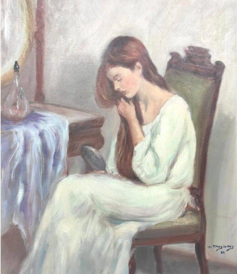 Jeune fille se peignant les cheveux 1984 signé, Portrait