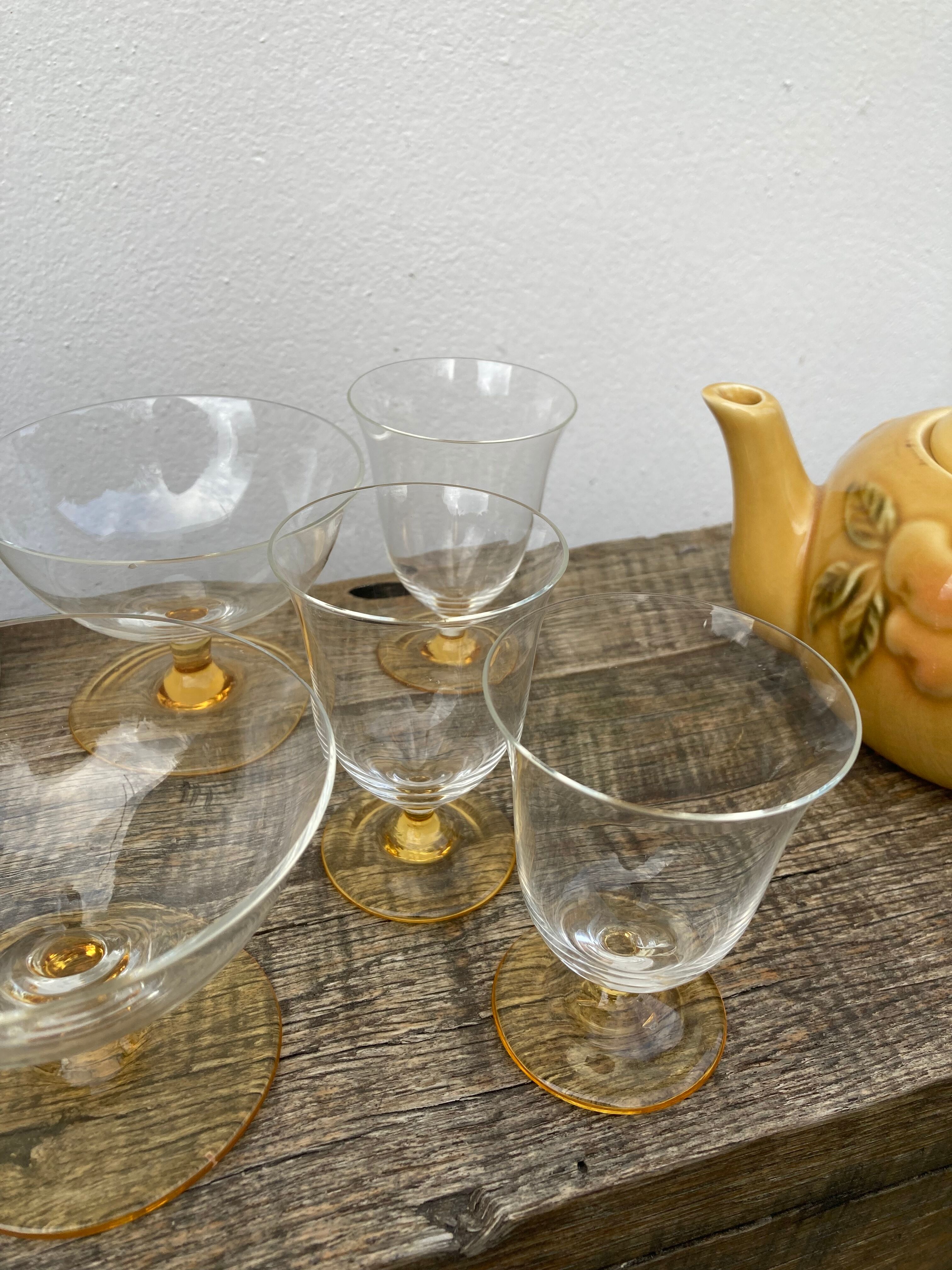 6 antique yellow crystal stemmed glasses and cups