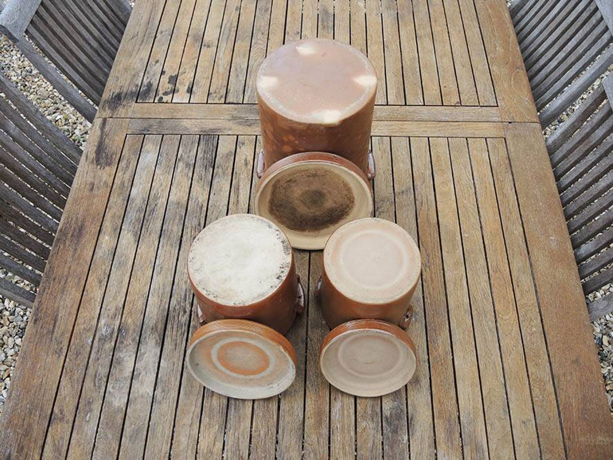 3 Anciens Pots à Graisse avec Couvercle en Grès Vernissé Marron