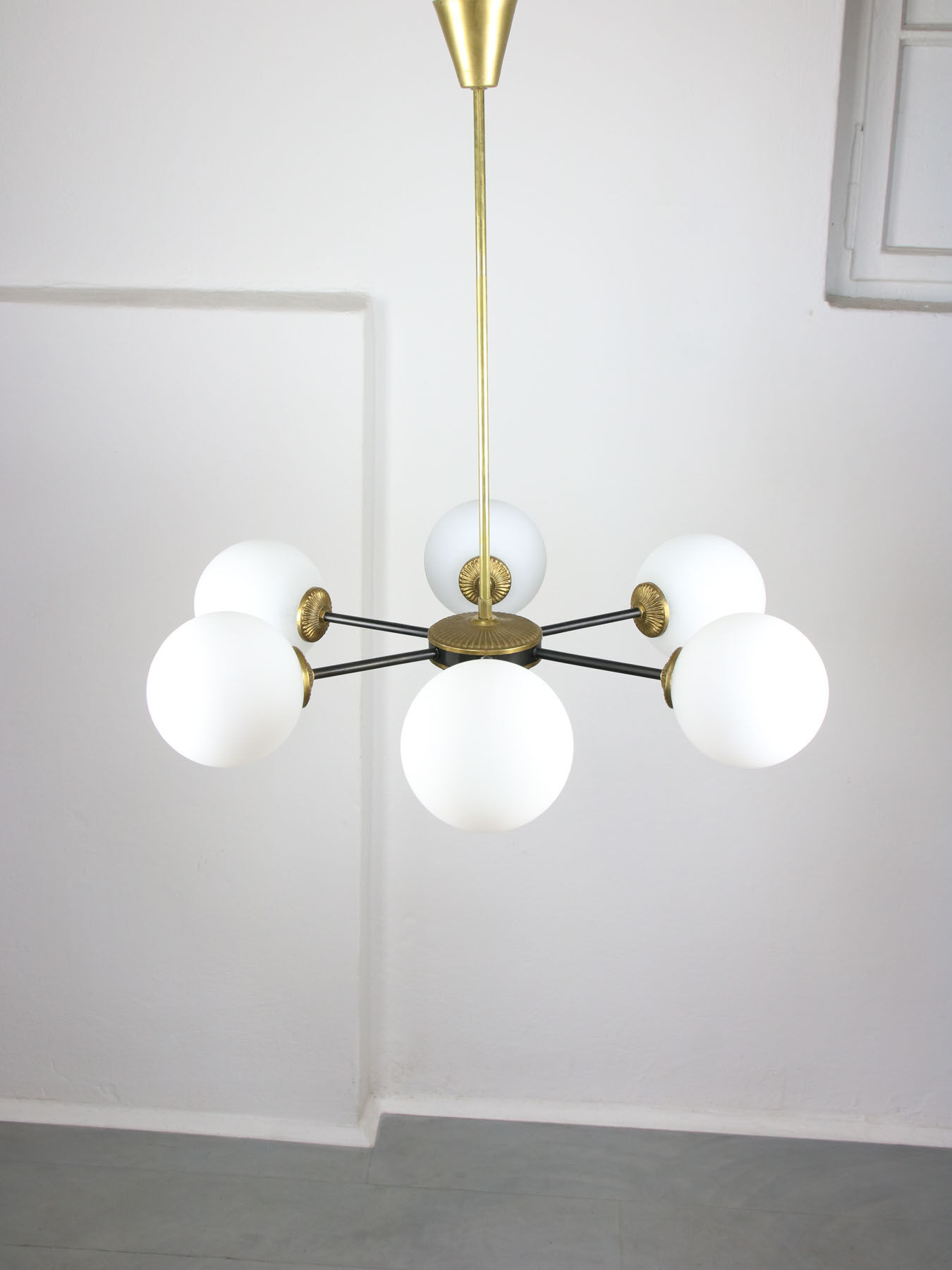 Mid-century sputnik brass and opaline glass chandelier