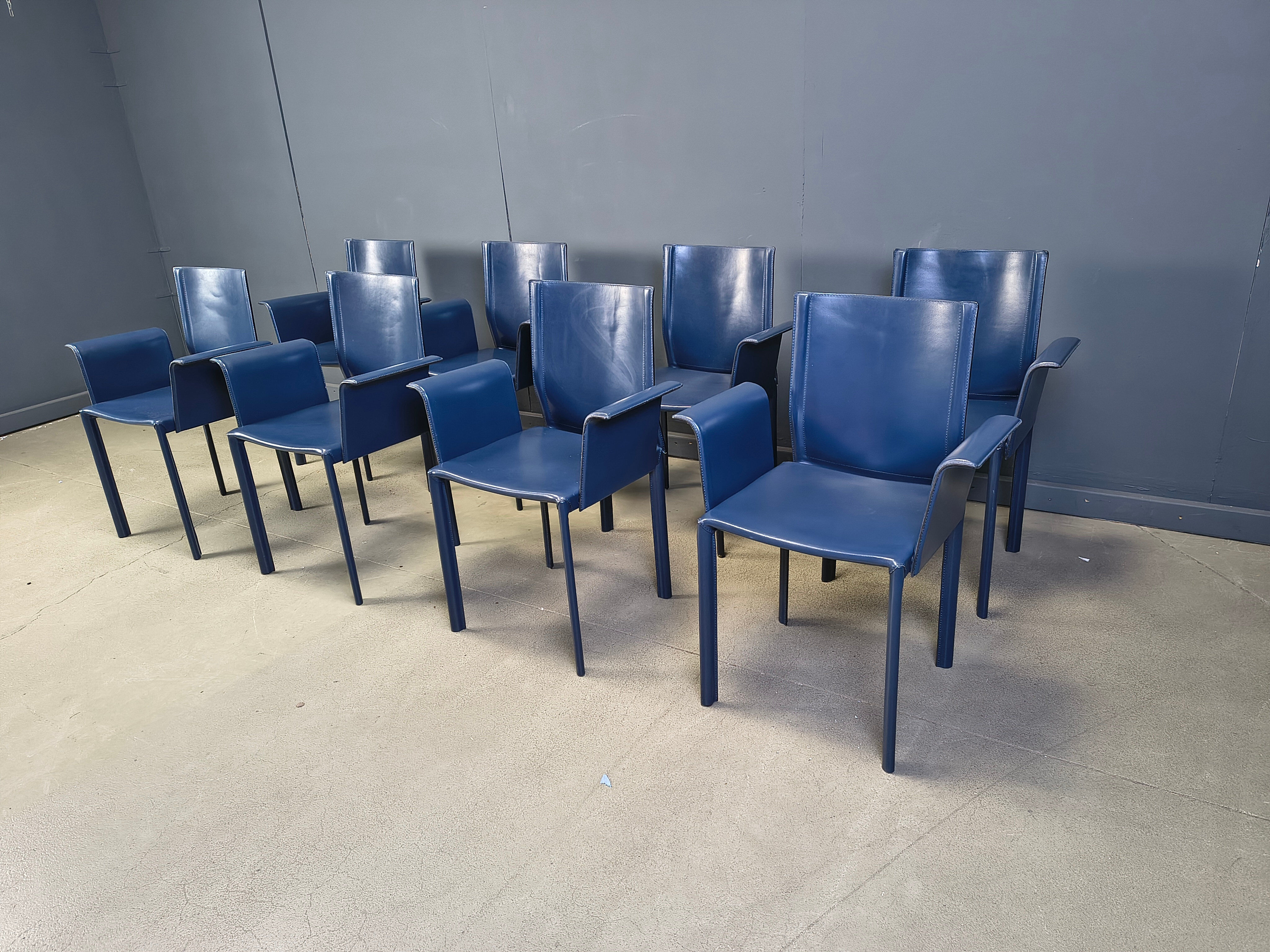 Postmodern blue leather dining chairs Italy, 1980s set of 8