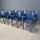 Postmodern blue leather dining chairs Italy, 1980s set of 8