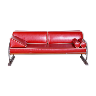 Red leather sofa made by Robert Slezak in 1930s Czechia. Bauhaus design