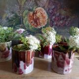 Six old yoghurt pots in enamelled porcelain