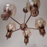 Chandelier in gilded brass and brown smoked glass with 5 branches
