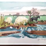 Numbered lithograph signed by Yves BRAYER: horses in the Camargue