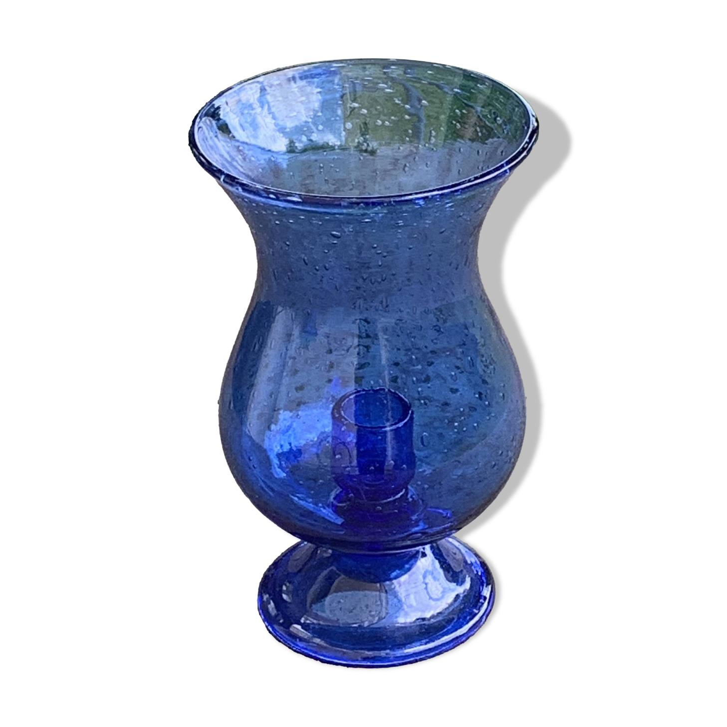 Photophore, Bougeoir en verre soufflé et bulle bleu cobalt de la verrerie de BIOT, signe, collector